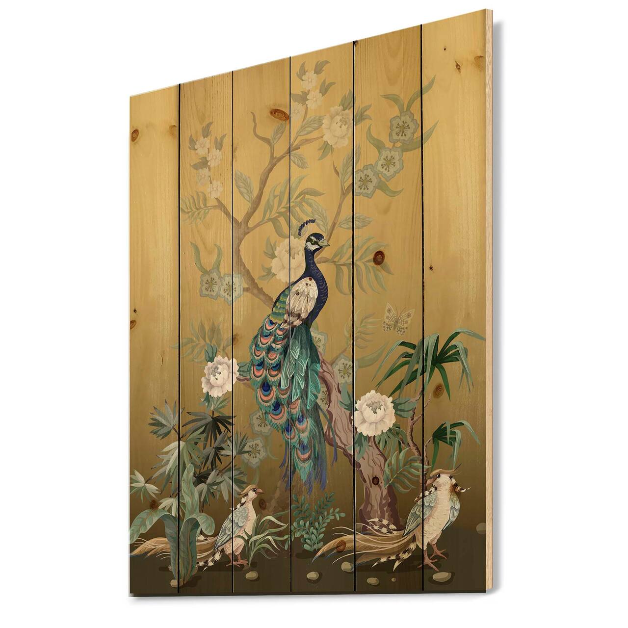 Designart - Chinoiserie With Birds and Peonies VI - Traditional Print on Natural Pine Wood